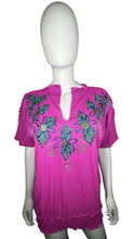 Load image into Gallery viewer, This Vintage Color Creations 80&#39;s-90&#39;s hand painted floral cotton shirt is fuchsia and full of personality. Measured Flat Chest - 40&quot; Length - 26&quot;.