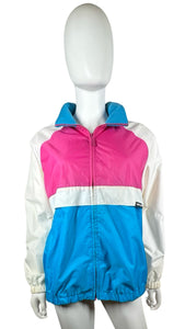 This vintage windbreaker jacket from Cabin Creek Petite is a playful pop of color with a phantom hood for rainy days. With a chest measurement of 45 inches, sleeve length of 28 inches, and a length of 26.5 inches, it's perfect for adding some fun to yo...