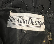 Load image into Gallery viewer, A Vintage Sho-Girl Design 100% pure silk black and gold sequin and beaded dress that zips in the back. Measured FlatChest - 28&quot;Waist - 30&quot;Hips - 34&quot;Length - 40&quot;