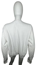 Load image into Gallery viewer, A playful Hanes Comfort Blend crewneck sweatshirt in vintage white with pops of red buttons and thread detailing. Flat measurements include: Chest - 37&quot;, Sleeve - 22&quot;, Length - 20&quot;
