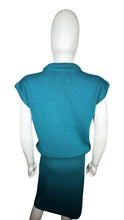 Load image into Gallery viewer, A vintage teal Silver Leaf 2 piece knitted sweater set with a small 8/10 sleeveless polo top and a medium 12/14 skirt. Measured Flat TopChest - 36&quot;Length - 22 1/2&quot; BottomWaist - 12-14&quot;Hips - 38&quot;Length - 26&quot;