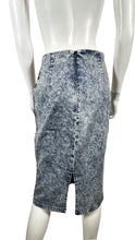 Load image into Gallery viewer, This 36 Point 5 Acid Wash Denim Skirt features a highly stretchable waistband and fabric throughout, making it a perfect fit for those wearing sizes medium to large. Measured flat, its waist has a circumference of 29.12 inches, while its hips measure 3...