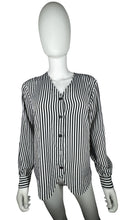 Load image into Gallery viewer, A black and white pin stripe vintage Notations blouse that is missing one button.   Measured Flat  Chest - 32&quot; Sleeve - 22&quot; Length - ﻿24&quot;