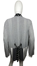 Load image into Gallery viewer, A large black and white vintage Surya cardigan jacket. Measured FlatChest - 39&quot;Sleeve - 23&quot;Length - 34&quot;