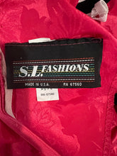 Load image into Gallery viewer, An 80’s vintage bright pink peplum dress with floral print on the silk. Measured Flat Chest- 32” Waist- 26” Hips- 36” Length- 41”