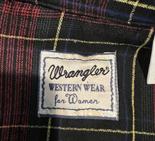 Load image into Gallery viewer, A small Vintage Western Wrangler button up with all over plaid print and velvet embellishment. Measured FlatChest - 32&quot;Sleeve - 23&quot;Length - 24&quot;