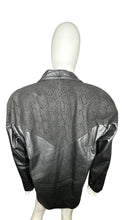 Load image into Gallery viewer, A rare stylish small black Vintage Preston &amp; York real leather and suede jacket from the 80&#39;s with a snakeskin pattern on the suede parts. Measured FlatChest - 40&quot;Sleeve - 22&quot;Length - 34&quot;