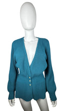 Load image into Gallery viewer, A vintage medium teal 3-button knitted cardigan by Knitmakers. Measured FlatChest - 40&quot;Sleeve - 24&quot;Waist - 28&quot;Length - 24&quot;