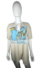 Load image into Gallery viewer, Get ready to be the star of any throwback party with this quirky and playful Retro MTV T-Shirt! Featuring a v-neck cut and a classic 90&#39;s design, this extra large tan shirt is perfect for channeling your 90&#39;s nostalgia. Don&#39;t miss out on this piece of...
