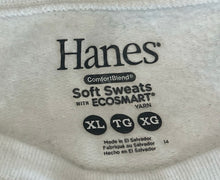 Load image into Gallery viewer, A playful Hanes Comfort Blend crewneck sweatshirt in vintage white with pops of red buttons and thread detailing. Flat measurements include: Chest - 37&quot;, Sleeve - 22&quot;, Length - 20&quot;