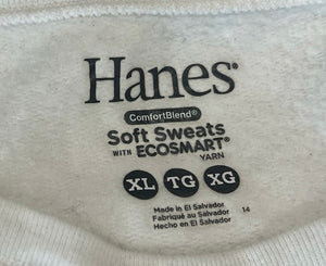 A playful Hanes Comfort Blend crewneck sweatshirt in vintage white with pops of red buttons and thread detailing. Flat measurements include: Chest - 37", Sleeve - 22", Length - 20"
