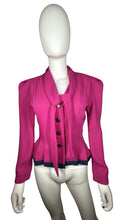 Load image into Gallery viewer, A statement blazer from Vintage Leslie Fay Petite Collections - in bold pink - rocks a sassy tie, plus a quartet of front buttons. Measurements: Chest - 34&quot; (flat), Sleeve - 23&quot;, Length - 23&quot;.