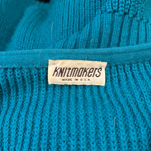 Load image into Gallery viewer, A vintage medium teal 3-button knitted cardigan by Knitmakers. Measured FlatChest - 40&quot;Sleeve - 24&quot;Waist - 28&quot;Length - 24&quot;