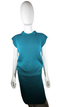 Load image into Gallery viewer, A vintage teal Silver Leaf 2 piece knitted sweater set with a small 8/10 sleeveless polo top and a medium 12/14 skirt. Measured Flat TopChest - 36&quot;Length - 22 1/2&quot; BottomWaist - 12-14&quot;Hips - 38&quot;Length - 26&quot;