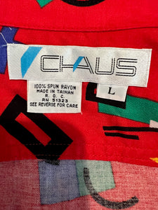 Get ready to unleash your playful side with this quirky Vintage Chaus Button Up! Made from %100 Spun Rayon, this button up features a unique geometric all over print in a bold red color. Perfectly sized at large, the chest measures 34", sleeve 22", and...