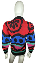 Load image into Gallery viewer, Experience vibrant warmth and charm with the one-of-a-kind Vintage La Vista Knitted Sweater, available in sizes small to medium. Measured flat, the chest is 36 inches, the sleeves are 16 inches, and the length is 24 inches. Fall in love with the playfu...