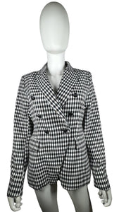 Introducing the Maison d' Amelie blazer: a playful addition to your wardrobe. This black and white plaid patterned blazer measures flat at 30" for the chest, with sleeves 24" long and a total length of 29".