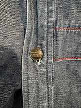 Load image into Gallery viewer, This Vintage Marithe Francois Girbaud Denim Shirt is a highly sought after item, featuring cargo red denim accents on the sleeve and collar. Although there are three lighter areas on the front, they are not very noticeable in person. When measured flat...