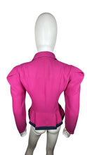 Load image into Gallery viewer, A statement blazer from Vintage Leslie Fay Petite Collections - in bold pink - rocks a sassy tie, plus a quartet of front buttons. Measurements: Chest - 34&quot; (flat), Sleeve - 23&quot;, Length - 23&quot;.