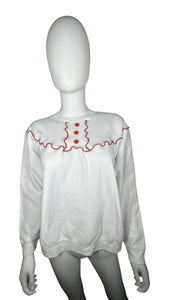 A playful Hanes Comfort Blend crewneck sweatshirt in vintage white with pops of red buttons and thread detailing. Flat measurements include: Chest - 37", Sleeve - 22", Length - 20"