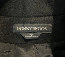 Load image into Gallery viewer, This pristine vintage Donny Brook peacoat is made of rare heavy black wool, featuring magnificent lion head bronze buttons. Measuring at 46 inches across the chest, with 25-inch sleeves and a length of 40 inches, it is a true gem.