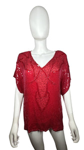 A large red vintage 80's-90's Silvercord sequin beaded blouse. Measured FlatChest - 46"Sleeve - 10"Length - 24"