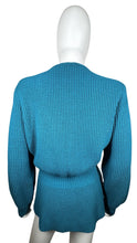 Load image into Gallery viewer, A vintage medium teal 3-button knitted cardigan by Knitmakers. Measured FlatChest - 40&quot;Sleeve - 24&quot;Waist - 28&quot;Length - 24&quot;