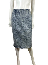 Load image into Gallery viewer, This 36 Point 5 Acid Wash Denim Skirt features a highly stretchable waistband and fabric throughout, making it a perfect fit for those wearing sizes medium to large. Measured flat, its waist has a circumference of 29.12 inches, while its hips measure 3...