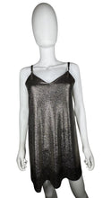 Load image into Gallery viewer, A sleek and sassy cocktail dress made of material that&#39;s similar to lame&#39;, in an extra small size from Libby Story. Flat measurements: chest - 34&quot;, waist - 35&quot;, hips - 35&quot;, length - 31&quot;.