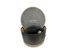 Load image into Gallery viewer, This pillbox hat is a vintage gem, featuring a black velvet design and adorned with a silver and rhinestone brooch. It&#39;s Union made and comes in its original box.
