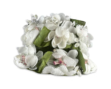Load image into Gallery viewer, This vintage Union Made 1950&#39;s white Eremogone Kingii flower bucket hat is hand-made and the crown measures at 7 1/2 inches in diameter.