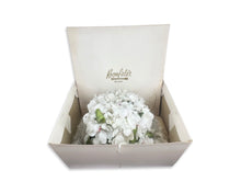 Load image into Gallery viewer, This vintage Union Made 1950&#39;s white Eremogone Kingii flower bucket hat is hand-made and the crown measures at 7 1/2 inches in diameter.