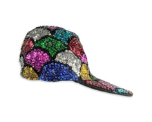 Load image into Gallery viewer, This is a rare, colorful Vintage 80&#39;s baseball cap with sequins and beads, sure to add some playful pizzazz to your look with its elastic band. So much fun!