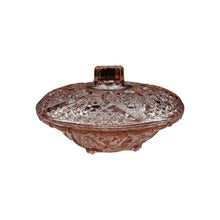 Load image into Gallery viewer, This Vintage pink candy dish with a lid is made of pink depression glass.it is in perfect condition no chips or scratches. 2&quot; height 7&quot; diameter