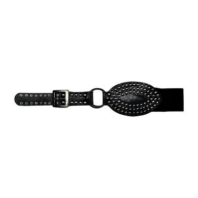 A black vintage silver studded punk style waist belt with silver pin buckle and elastic band at lower back measuring at 36 inches.