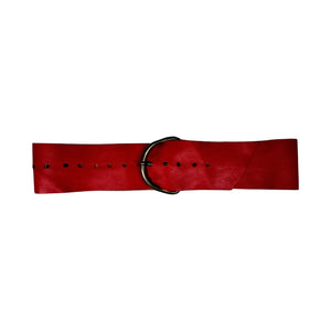 A vintage wide red orange waist belt with heavy bronze pin buckle measuring at 3 1/4 inches wide and 45 inches long.