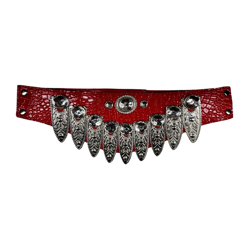 This red vintage belt has adjustable velcro and metal feathers adorned with clear rhinestones for a unique look. Measures 31 inches in full length and 4.5 inches in width.