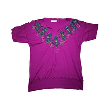 Load image into Gallery viewer, This Vintage Color Creations 80&#39;s-90&#39;s hand painted floral cotton shirt is fuchsia and full of personality. Measured Flat Chest - 40&quot; Length - 26&quot;.