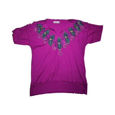 This Vintage Color Creations 80's-90's hand painted floral cotton shirt is fuchsia and full of personality. Measured Flat Chest - 40