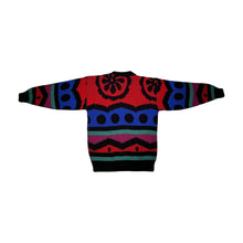 Load image into Gallery viewer, Experience vibrant warmth and charm with the one-of-a-kind Vintage La Vista Knitted Sweater, available in sizes small to medium. Measured flat, the chest is 36 inches, the sleeves are 16 inches, and the length is 24 inches. Fall in love with the playfu...