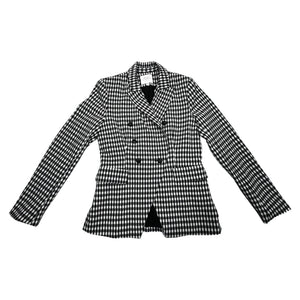 Introducing the Maison d' Amelie blazer: a playful addition to your wardrobe. This black and white plaid patterned blazer measures flat at 30" for the chest, with sleeves 24" long and a total length of 29".
