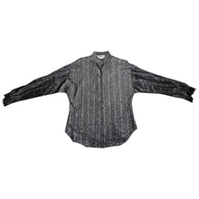 Load image into Gallery viewer, Experience the ultimate 70&#39;s vibe with this shiny sparkly Lame&#39; lurex fabric silver button party top from Judy Bond. Don&#39;t let the pictures deceive you, it&#39;s even better in person. Measured Flat Chest - 38&quot; Sleeve - 25&quot; Waist - Length - 29&quot;.