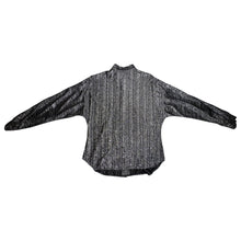 Load image into Gallery viewer, Experience the ultimate 70&#39;s vibe with this shiny sparkly Lame&#39; lurex fabric silver button party top from Judy Bond. Don&#39;t let the pictures deceive you, it&#39;s even better in person. Measured Flat Chest - 38&quot; Sleeve - 25&quot; Waist - Length - 29&quot;.
