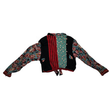 Load image into Gallery viewer, This Vintage Carole Little blouse is adorned with charming rose buttons and features a playful tie front. Measurements include a 34&quot; chest, 23&quot; sleeves, and a length of 19 1/2&quot;.