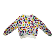 Load image into Gallery viewer, This Vintage Gailord 80&#39;s top boasts colorful sheer material and playful shapes all over. Measured flat, it has a chest of 36&quot;, sleeves of 25&quot;, and a length of 21&quot;.