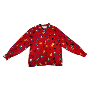 Get ready to unleash your playful side with this quirky Vintage Chaus Button Up! Made from %100 Spun Rayon, this button up features a unique geometric all over print in a bold red color. Perfectly sized at large, the chest measures 34", sleeve 22", and...