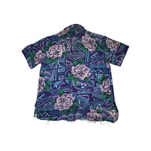 Load image into Gallery viewer, A medium vintage Partners Mervyns short sleeve button up with a purple and blue all-over floral print. The shirt is missing all of the buttons but one and has been well-worn. Measured FlatChest - 36&quot;Sleeve - 9&quot;Length - 28&quot;