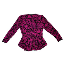 Load image into Gallery viewer, Vintage Oleg Cassini 100% silk bright pink and black peplum top that buttons in the front and has an accordion style back. This is fun well made vibrant top. Measured Flat Chest - 36&quot; Sleeve - 24&quot; Waist - 31&quot;