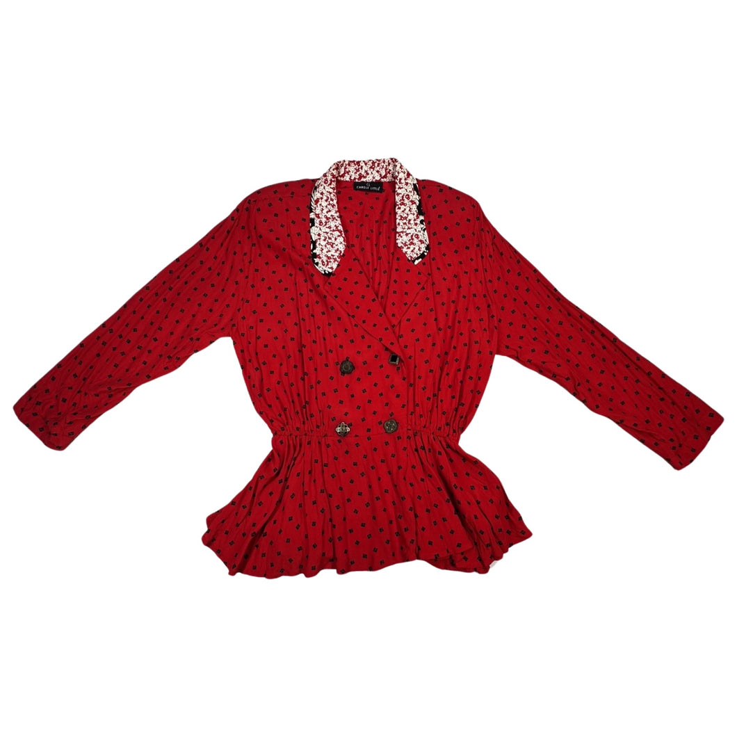 This large vintage Carole Little blazer rocks a bold red color, featuring a peplum bottom, a flowery collar, and charming decorative buttons. When flattened, it measures 42