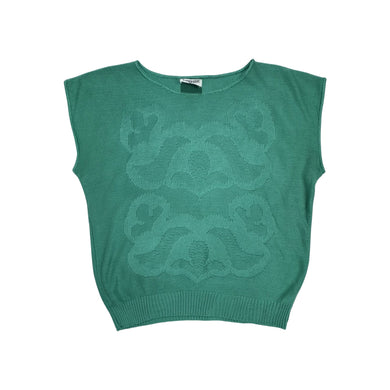 Score a totally adorable vintage 80's Herald Place knit top in seafoam green, complete with a playful floral design and in excellent condition.